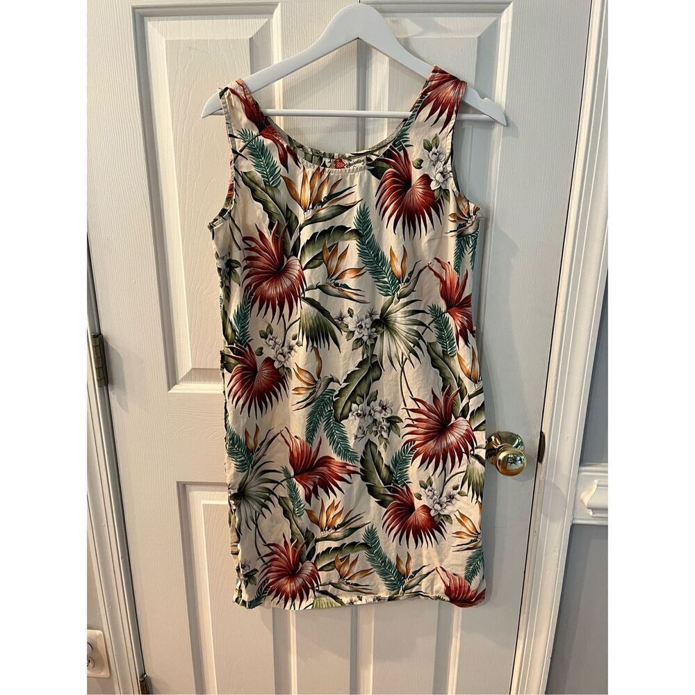 Vintage Hilo Hattie Cream & Rust Hawaiian Floral Print Sheath Dress sz M